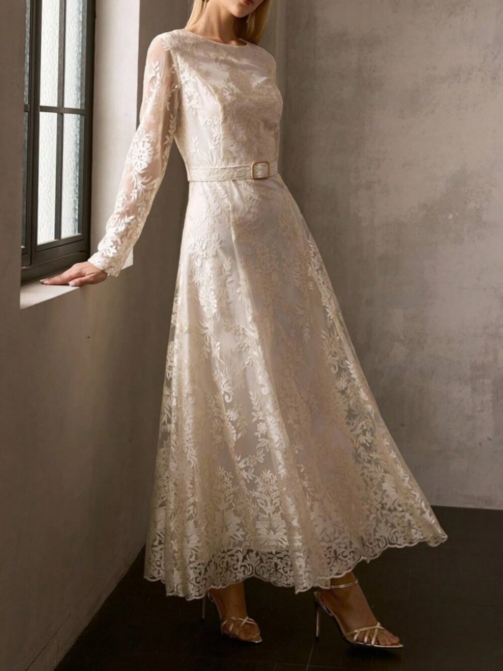 Ivory Floral Lace Long Sleeve Maxi Dress with Belt